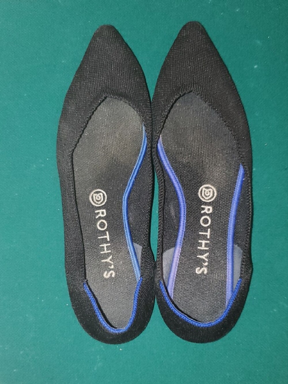 Rothy's Black Pointed Knit Flats with Blue Trim Accents - Picture 4 of 5